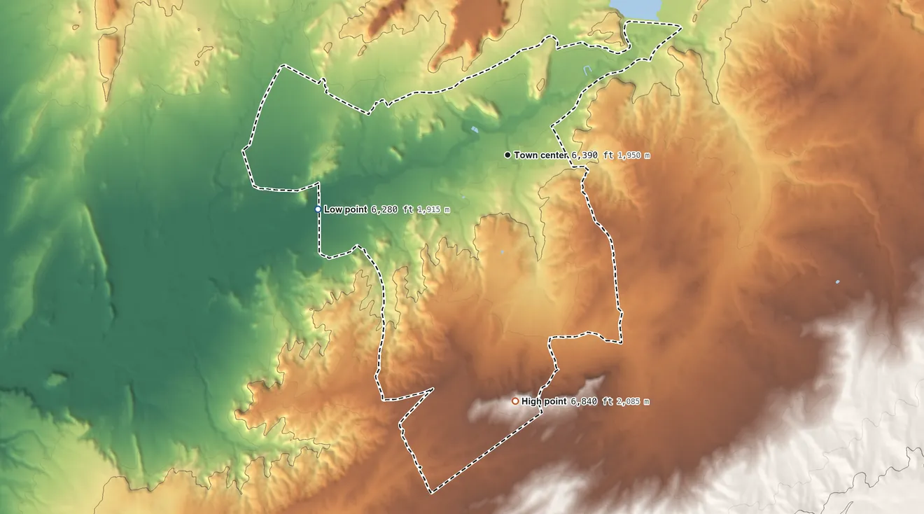 Topographic elevation map of Ganado, Arizona, shaded from 6,280 ft on the west side to 6,840 ft on the south side