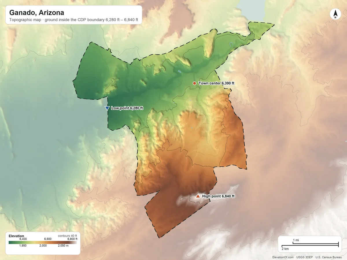 Topographic elevation map of Ganado, Arizona, shaded from 6,280 ft on the west side to 6,840 ft on the south side