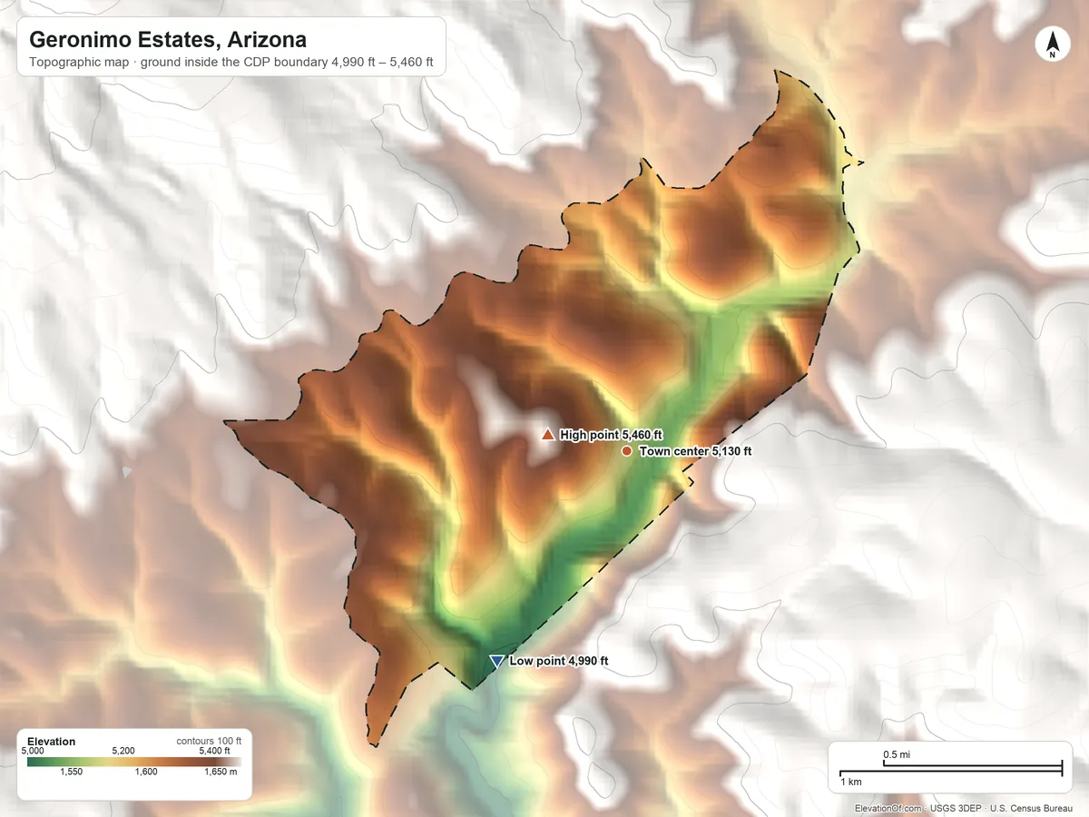 Topographic elevation map of Geronimo Estates, Arizona, shaded from 4,990 ft on the southwest side to 5,460 ft at the foot of the White Hills