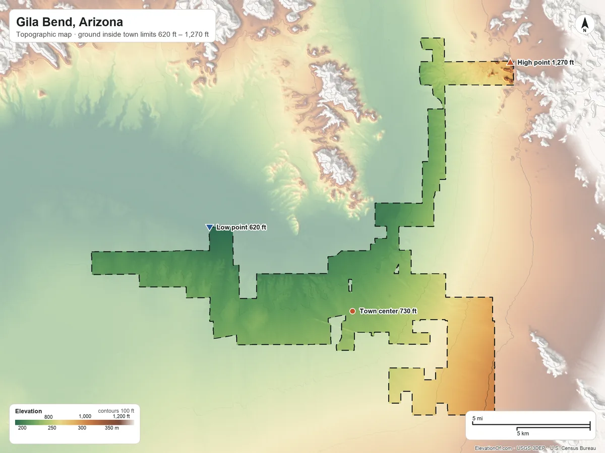 Topographic elevation map of Gila Bend, Arizona, shaded from 620 ft on the northwest side to 1,270 ft on the northeast edge, below higher ground just outside