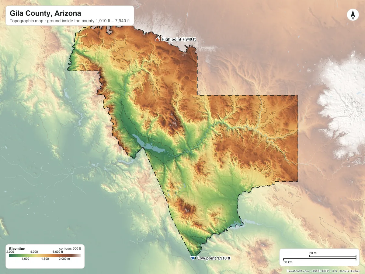 Topographic elevation map of Gila County, Arizona, shaded from 1,910 ft on the south side to 7,940 ft on the north side