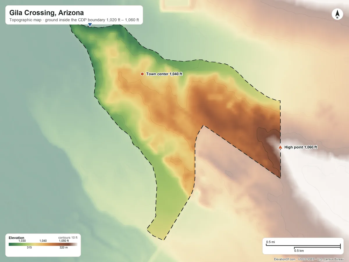 Topographic elevation map of Gila Crossing, Arizona, shaded from 1,020 ft on the northwest side to 1,060 ft on the southeast side