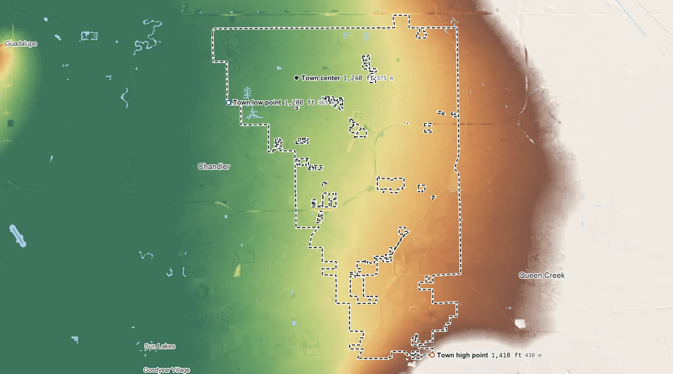 Topographic elevation map of Gilbert, Arizona, shaded from 1,200 ft on the west side to 1,410 ft at the foot of the Sacaton Mountains