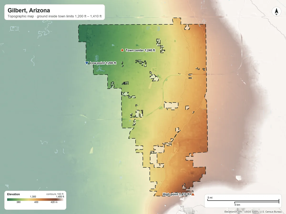 Topographic elevation map of Gilbert, Arizona, shaded from 1,200 ft on the west side to 1,410 ft at the foot of the Sacaton Mountains
