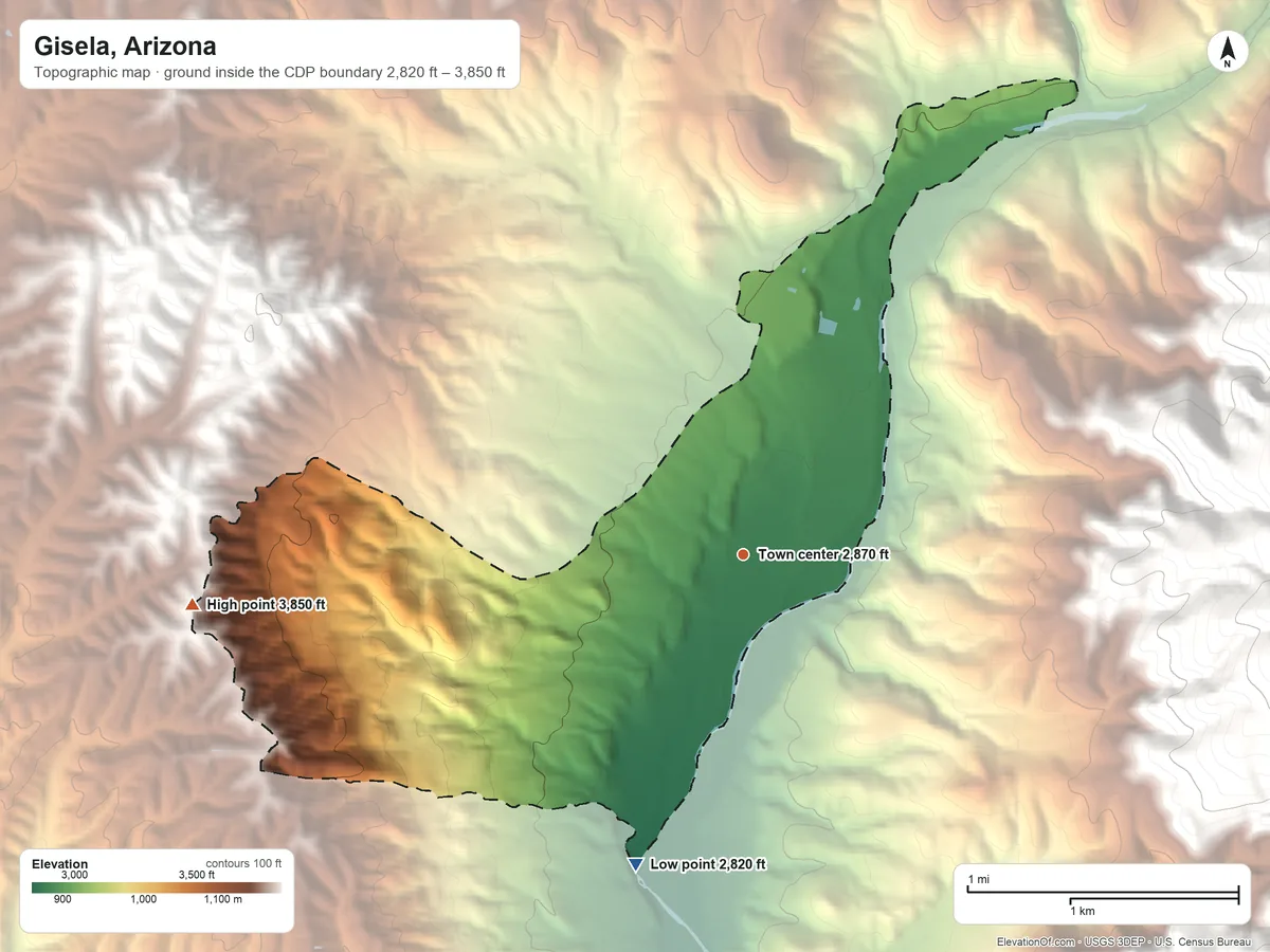 Topographic elevation map of Gisela, Arizona, shaded from 2,820 ft on the south side to 3,850 ft on the west side