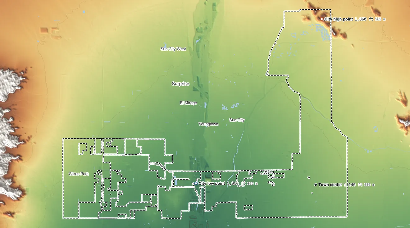 Topographic elevation map of Glendale, Arizona, shaded from 1,010 ft on the west side to 1,860 ft on the north side