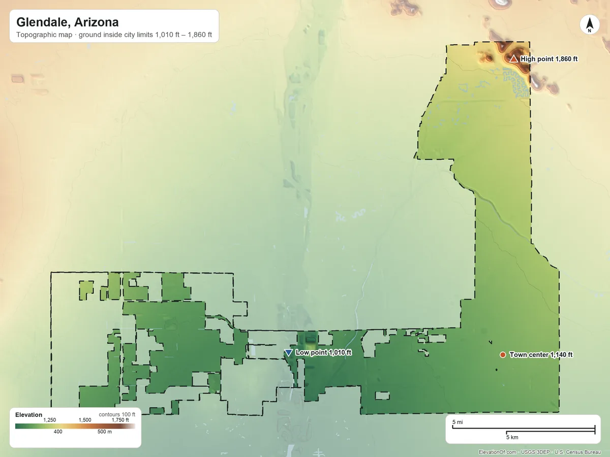 Topographic elevation map of Glendale, Arizona, shaded from 1,010 ft on the west side to 1,860 ft on the north side