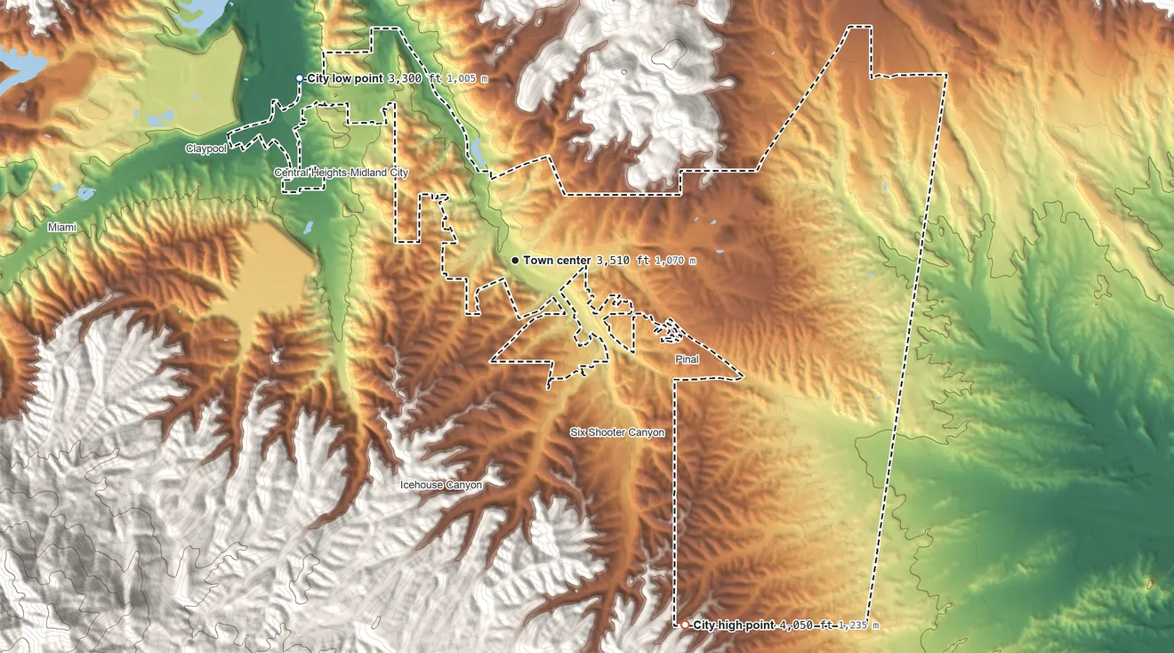 Topographic elevation map of Globe, Arizona, shaded from 3,300 ft on the northwest side to 4,050 ft at the foot of the Pinal Mountains