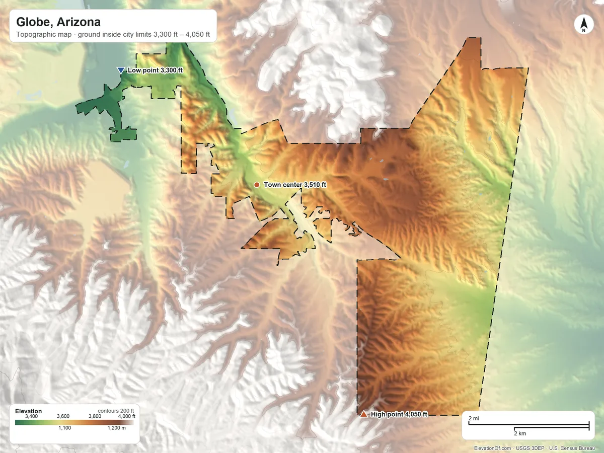 Topographic elevation map of Globe, Arizona, shaded from 3,300 ft on the northwest side to 4,050 ft at the foot of the Pinal Mountains