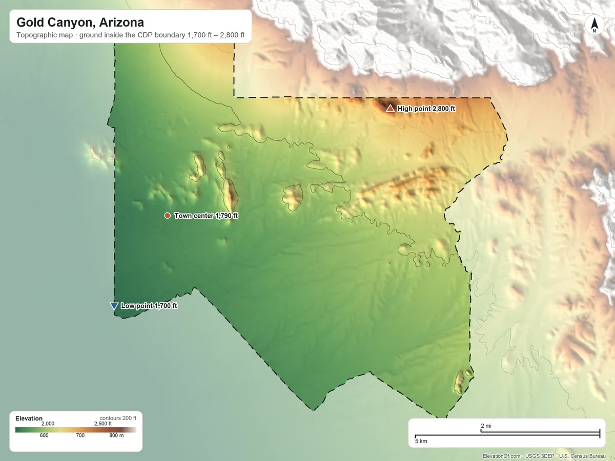 Topographic elevation map of Gold Canyon, Arizona, shaded from 1,700 ft on the southwest side to 2,800 ft at the foot of the Superstition Mountains