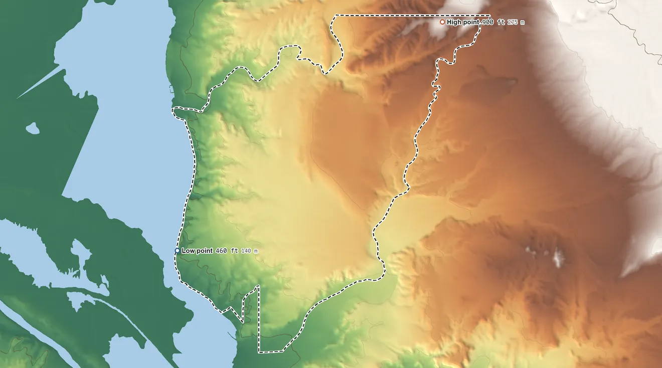 Topographic elevation map of Golden Shores, Arizona, shaded from 460 ft on the southwest side to 900 ft on the northeast side