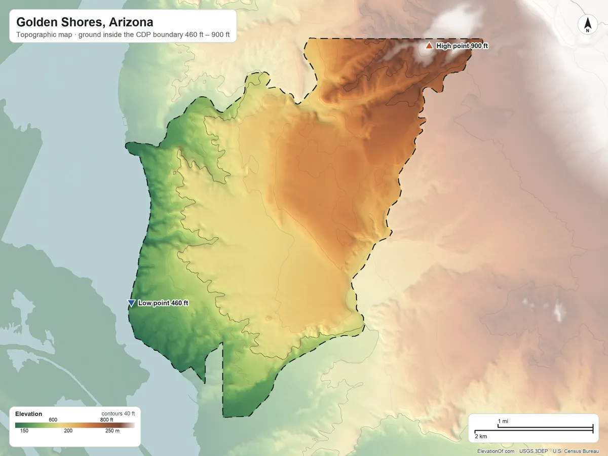 Topographic elevation map of Golden Shores, Arizona, shaded from 460 ft on the southwest side to 900 ft on the northeast side