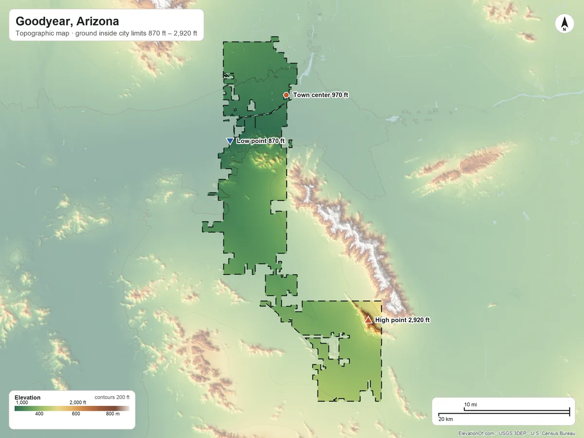 Topographic elevation map of Goodyear, Arizona, shaded from 870 ft on the southwest side to 2,920 ft on Sevenmile Mountain