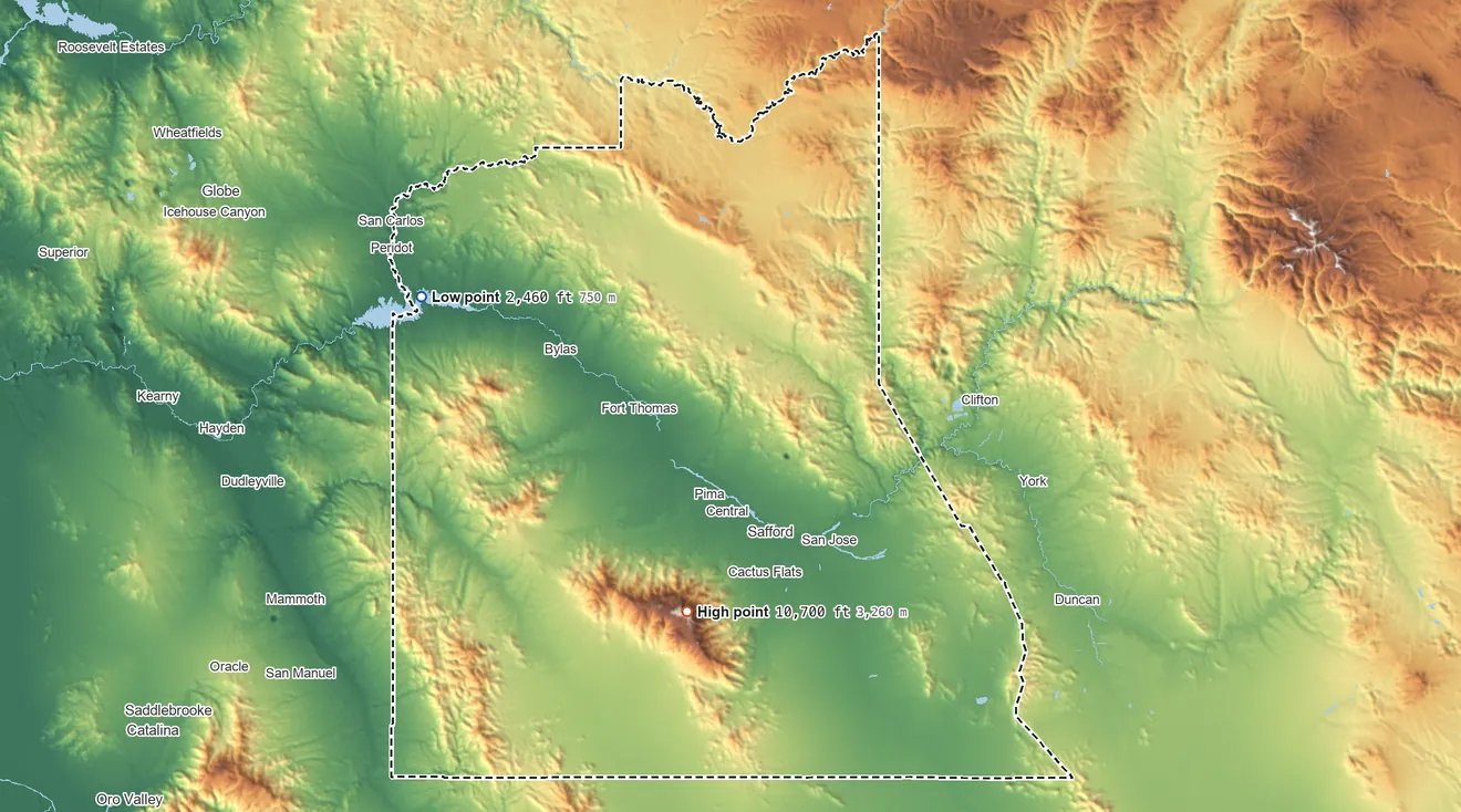 Topographic elevation map of Graham County, Arizona, shaded from 2,460 ft on the west side to 10,700 ft on Mount Graham