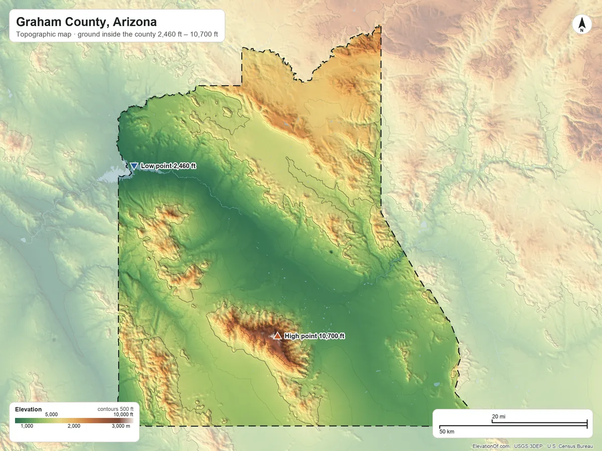 Topographic elevation map of Graham County, Arizona, shaded from 2,460 ft on the west side to 10,700 ft on Mount Graham