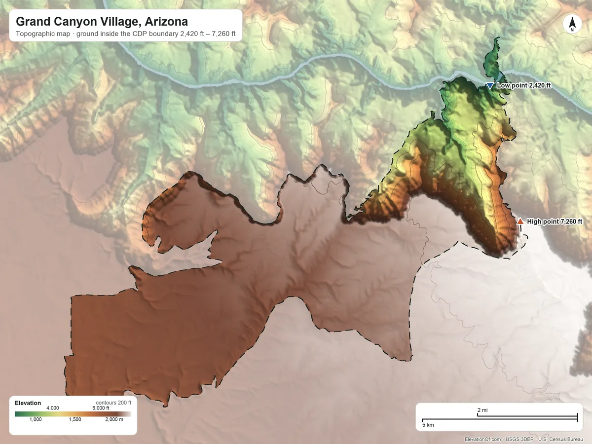 Topographic elevation map of Grand Canyon Village, Arizona, shaded from 2,420 ft on the northeast side to 7,260 ft on the east side