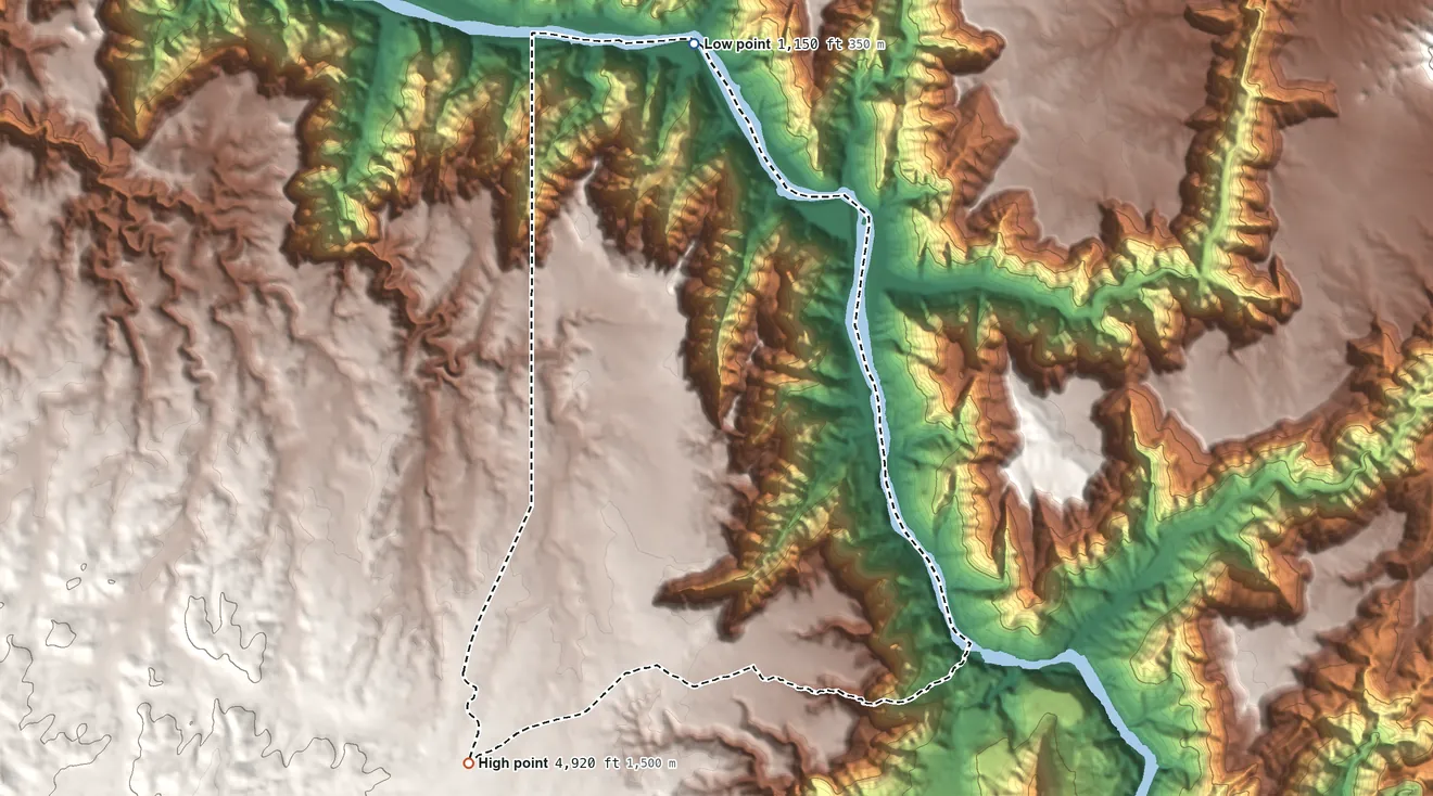 Topographic elevation map of Grand Canyon West, Arizona, shaded from 1,150 ft on the north side to 4,920 ft on the southwest side