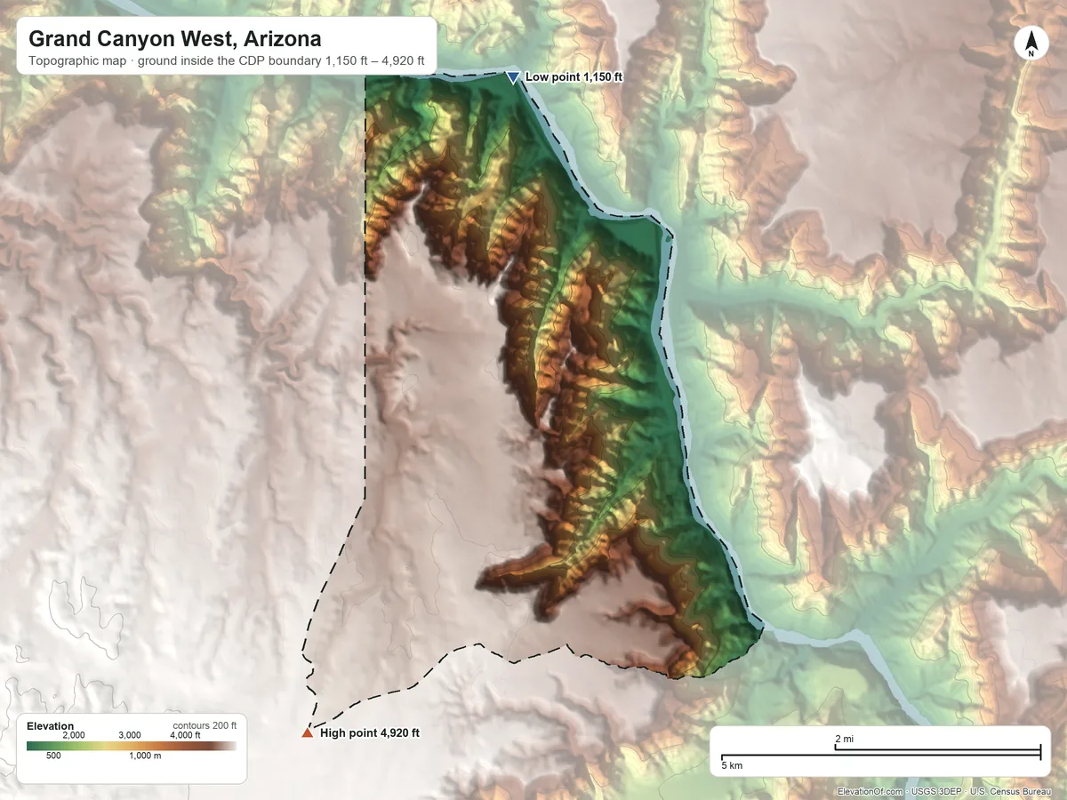 Topographic elevation map of Grand Canyon West, Arizona, shaded from 1,150 ft on the north side to 4,920 ft on the southwest side