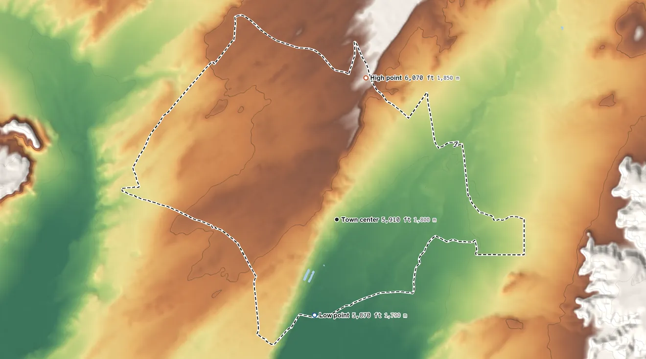 Topographic elevation map of Greasewood, Arizona, shaded from 5,870 ft on the south side to 6,070 ft on the north side