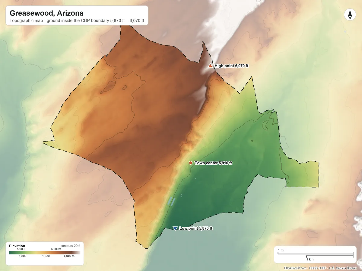 Topographic elevation map of Greasewood, Arizona, shaded from 5,870 ft on the south side to 6,070 ft on the north side