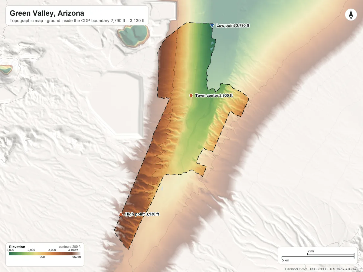 Topographic elevation map of Green Valley, Arizona, shaded from 2,790 ft on the north side to 3,130 ft on the southwest side