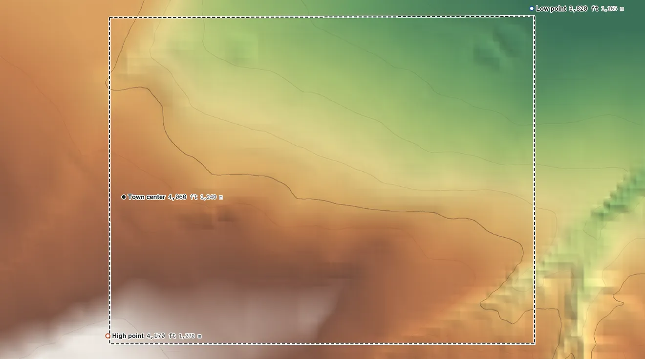 Topographic elevation map of Greenehaven, Arizona, shaded from 3,820 ft on the northeast side to 4,170 ft on the south edge, below higher ground just outside