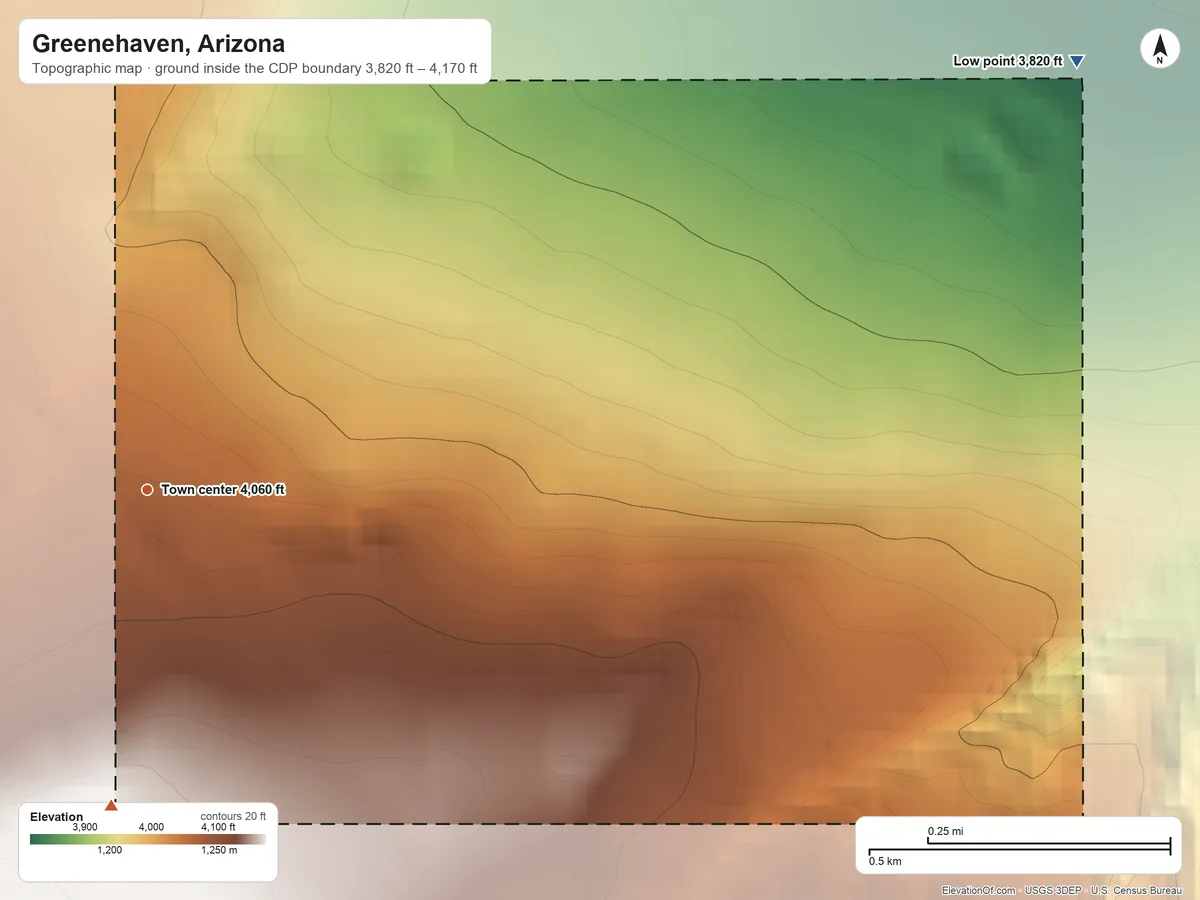 Topographic elevation map of Greenehaven, Arizona, shaded from 3,820 ft on the northeast side to 4,170 ft on the south edge, below higher ground just outside