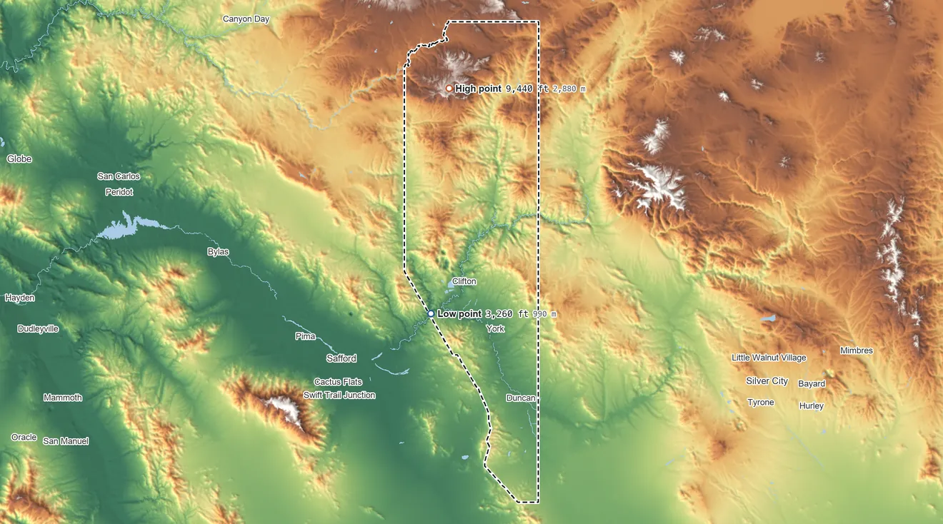 Topographic elevation map of Greenlee County, Arizona, shaded from 3,260 ft on the southwest side to 9,440 ft on the north side