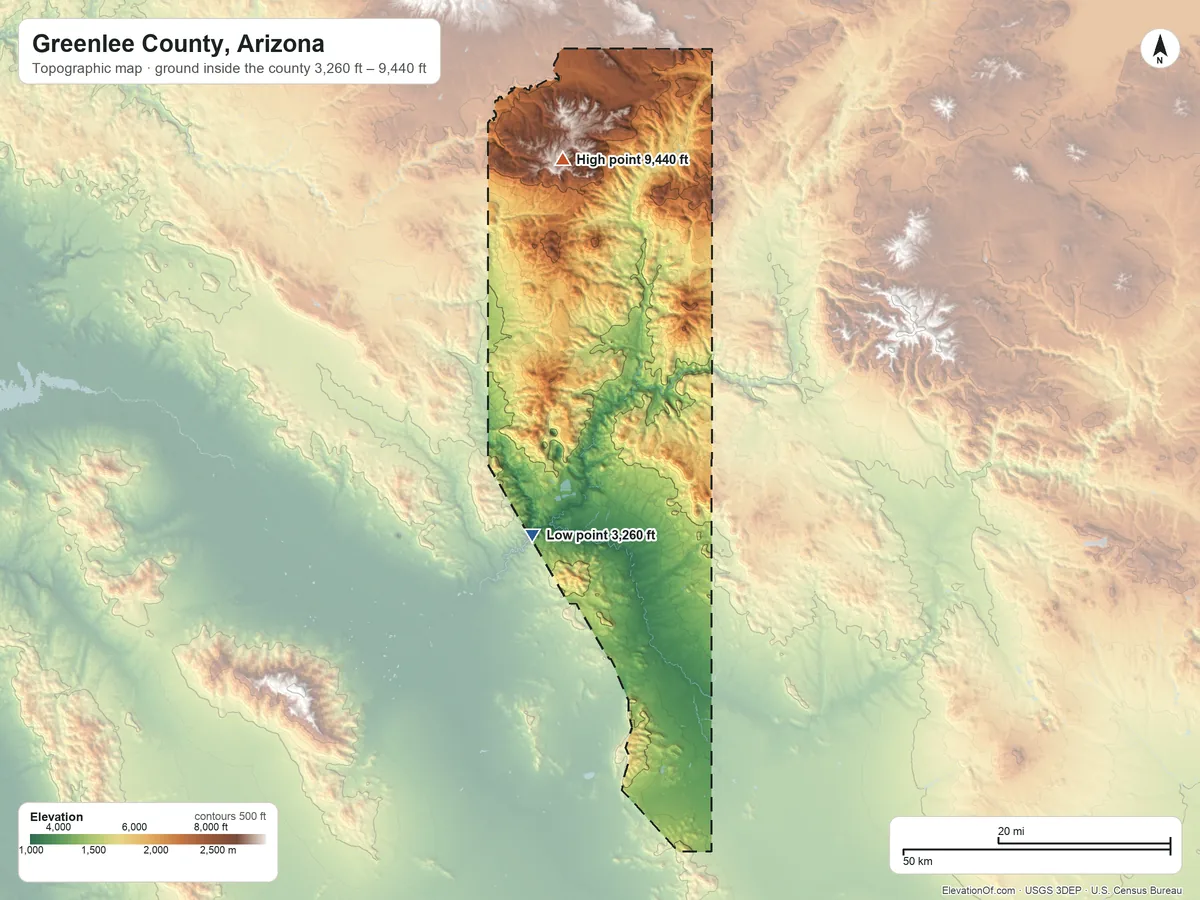 Topographic elevation map of Greenlee County, Arizona, shaded from 3,260 ft on the southwest side to 9,440 ft on the north side