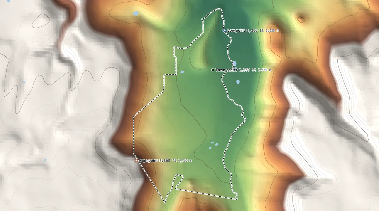 Topographic elevation map of Greer, Arizona, shaded from 8,310 ft on the north side to 8,860 ft at the foot of the White Mountains