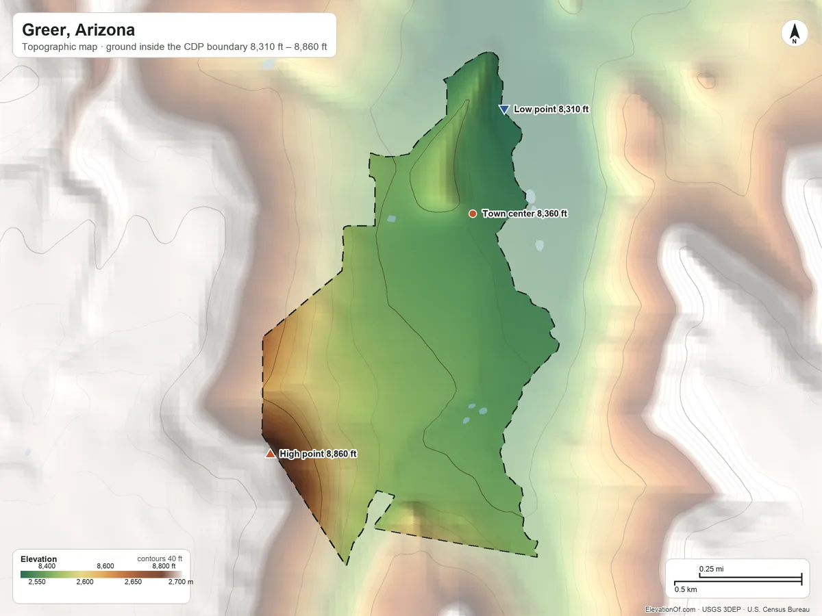 Topographic elevation map of Greer, Arizona, shaded from 8,310 ft on the north side to 8,860 ft at the foot of the White Mountains
