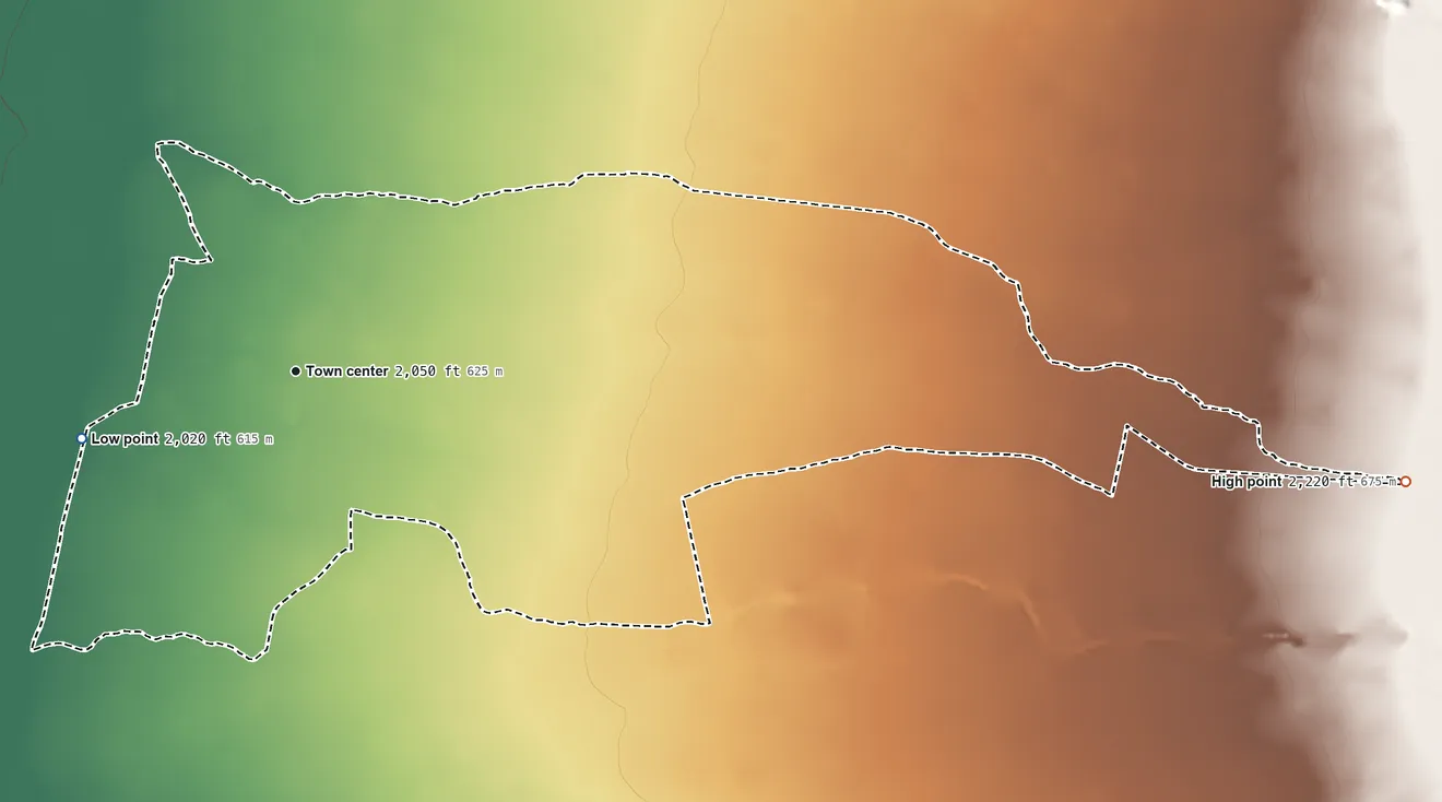 Topographic elevation map of Gu Oidak, Arizona, shaded from 2,020 ft on the west side to 2,220 ft on the east side