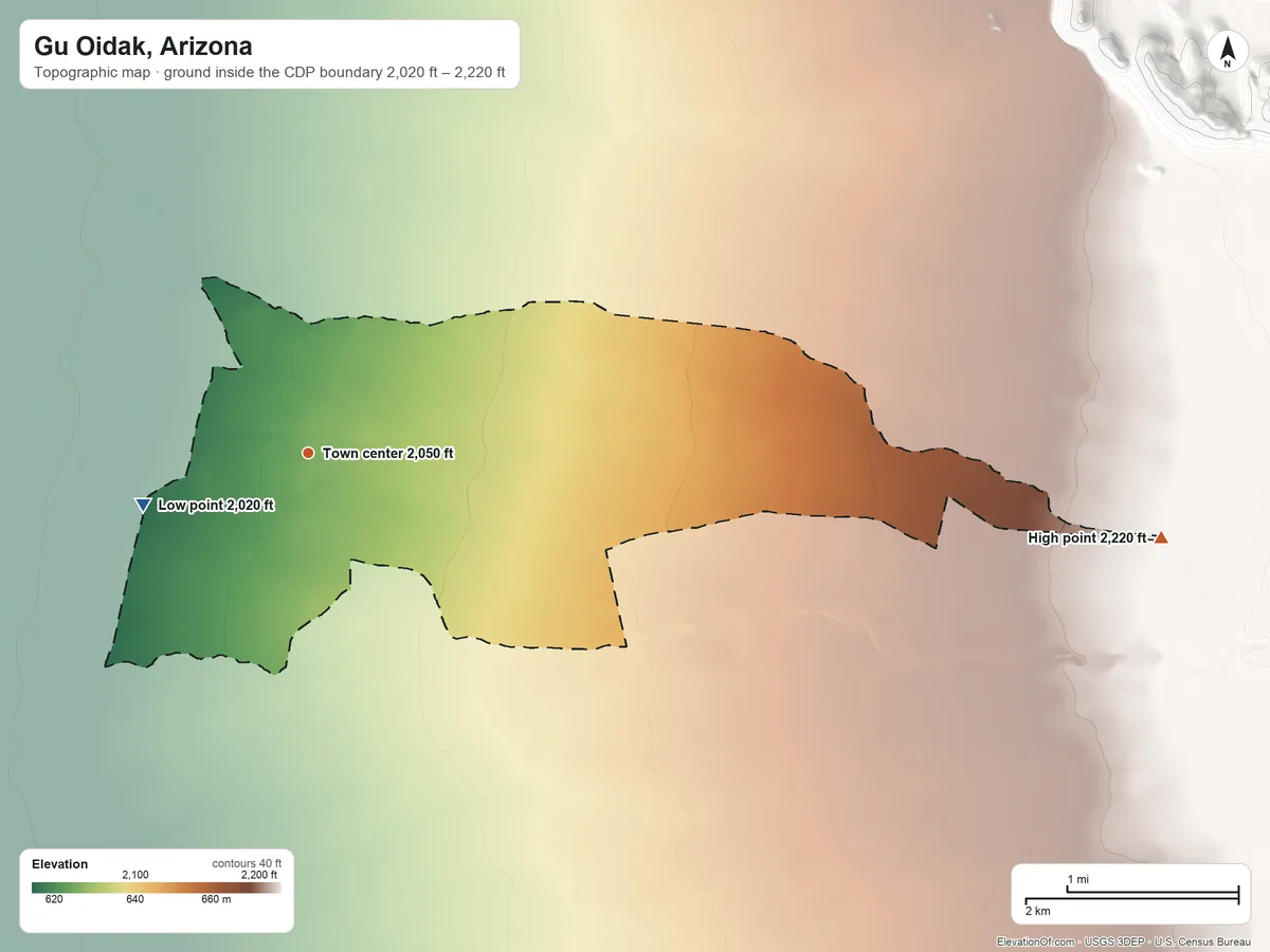Topographic elevation map of Gu Oidak, Arizona, shaded from 2,020 ft on the west side to 2,220 ft on the east side
