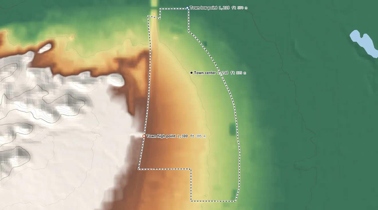 Topographic elevation map of Guadalupe, Arizona, shaded from 1,210 ft on the north side to 1,300 ft at the foot of the Guadalupe Range