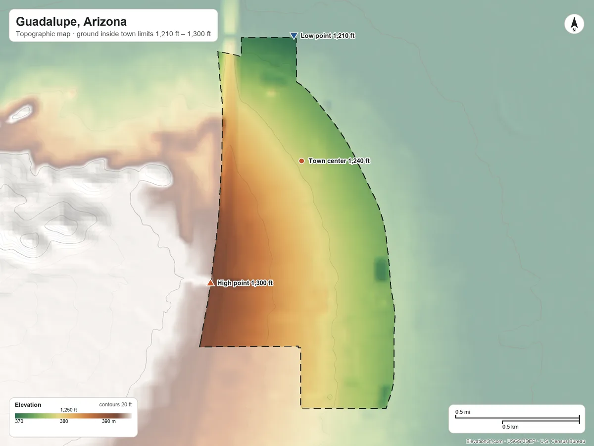 Topographic elevation map of Guadalupe, Arizona, shaded from 1,210 ft on the north side to 1,300 ft at the foot of the Guadalupe Range