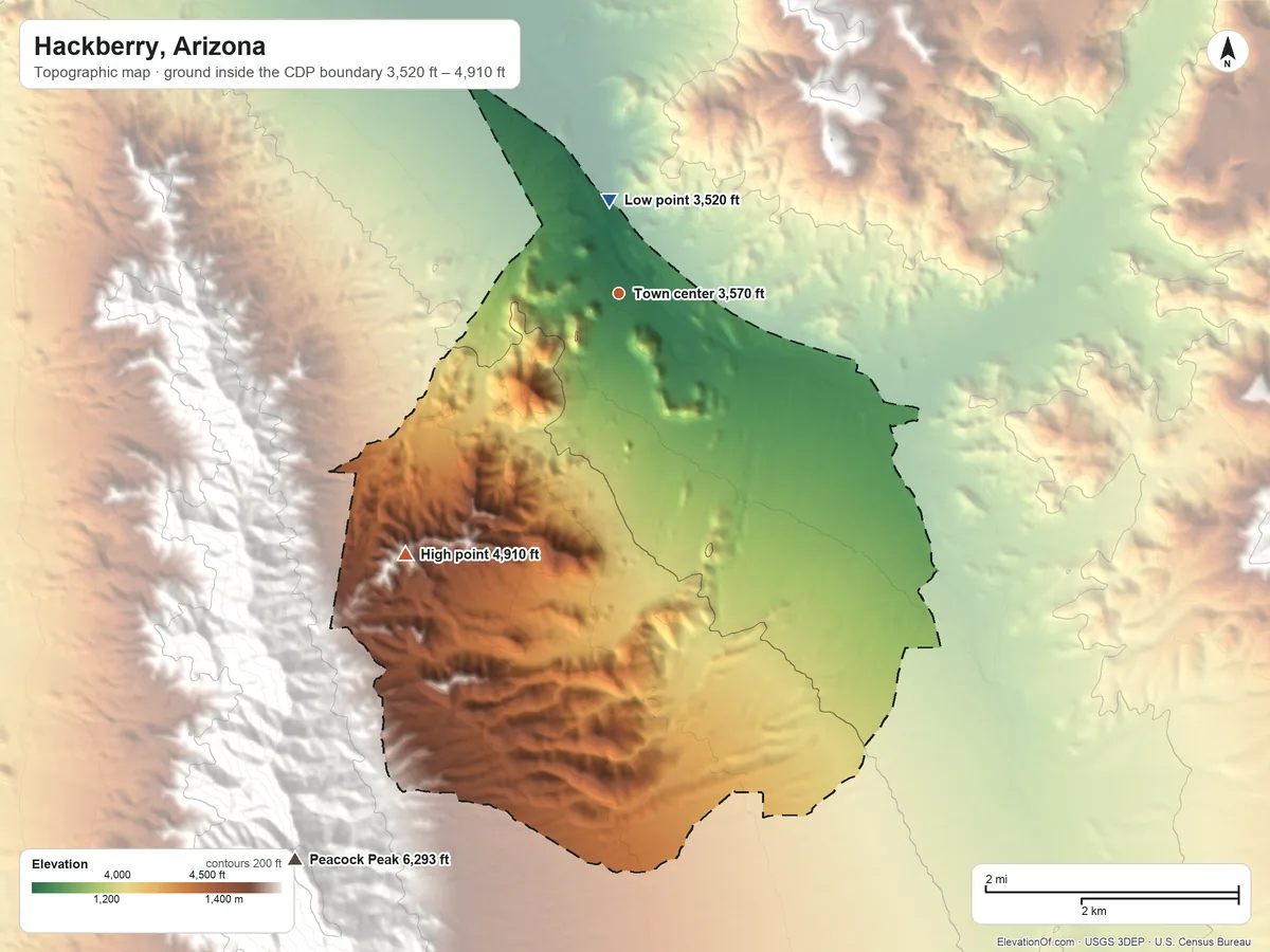 Topographic elevation map of Hackberry, Arizona, shaded from 3,520 ft near the middle to 4,910 ft at the foot of the Peacock Mountains