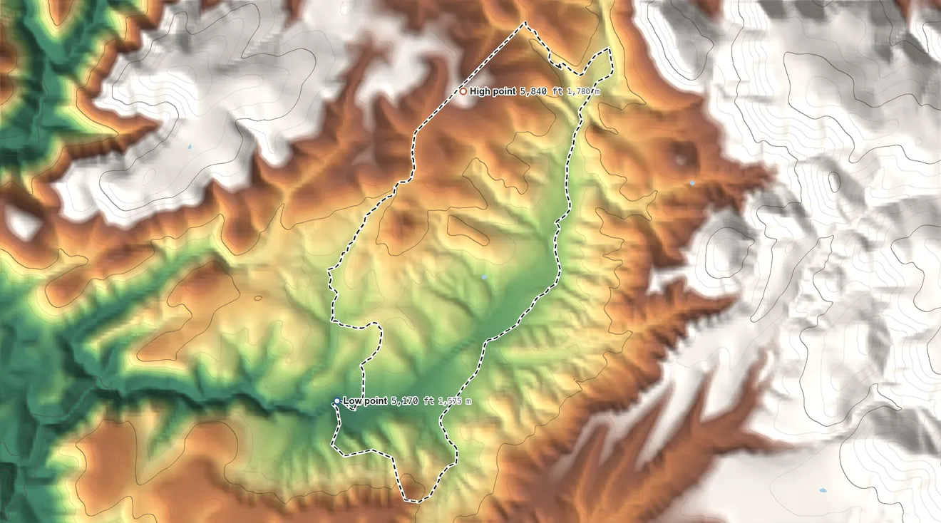 Topographic elevation map of Haigler Creek, Arizona, shaded from 5,170 ft on the west side to 5,840 ft at the foot of the Green Valley Hills