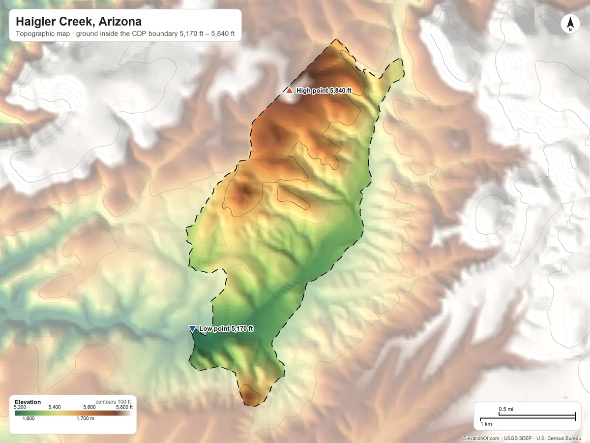 Topographic elevation map of Haigler Creek, Arizona, shaded from 5,170 ft on the west side to 5,840 ft at the foot of the Green Valley Hills