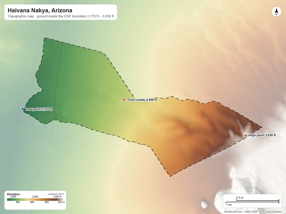 Topographic elevation map of Haivana Nakya, Arizona, shaded from 2,770 ft on the west side to 3,030 ft at the foot of the South Comobabi Mountains