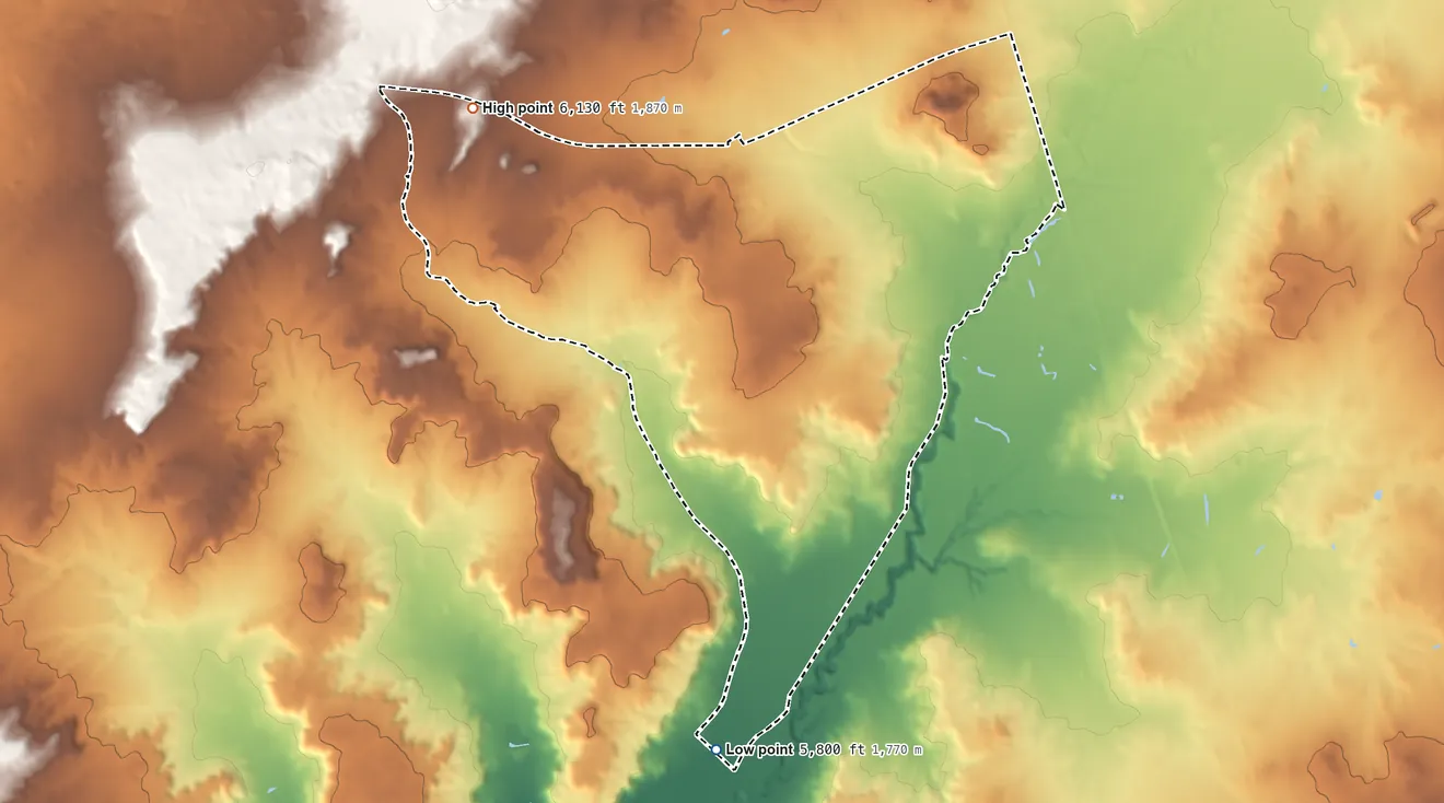 Topographic elevation map of Hard Rock, Arizona, shaded from 5,800 ft on the south side to 6,130 ft on the northwest side