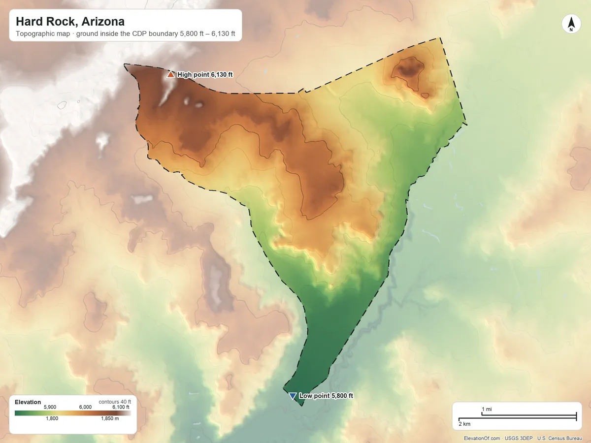 Topographic elevation map of Hard Rock, Arizona, shaded from 5,800 ft on the south side to 6,130 ft on the northwest side