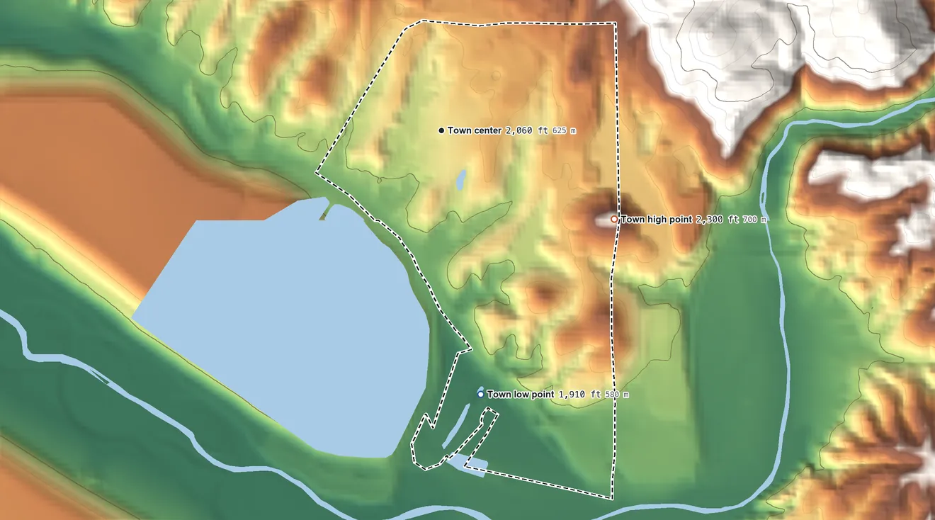 Topographic elevation map of Hayden, Arizona, shaded from 1,910 ft on the south side to 2,300 ft at the foot of the Tortilla Mountains
