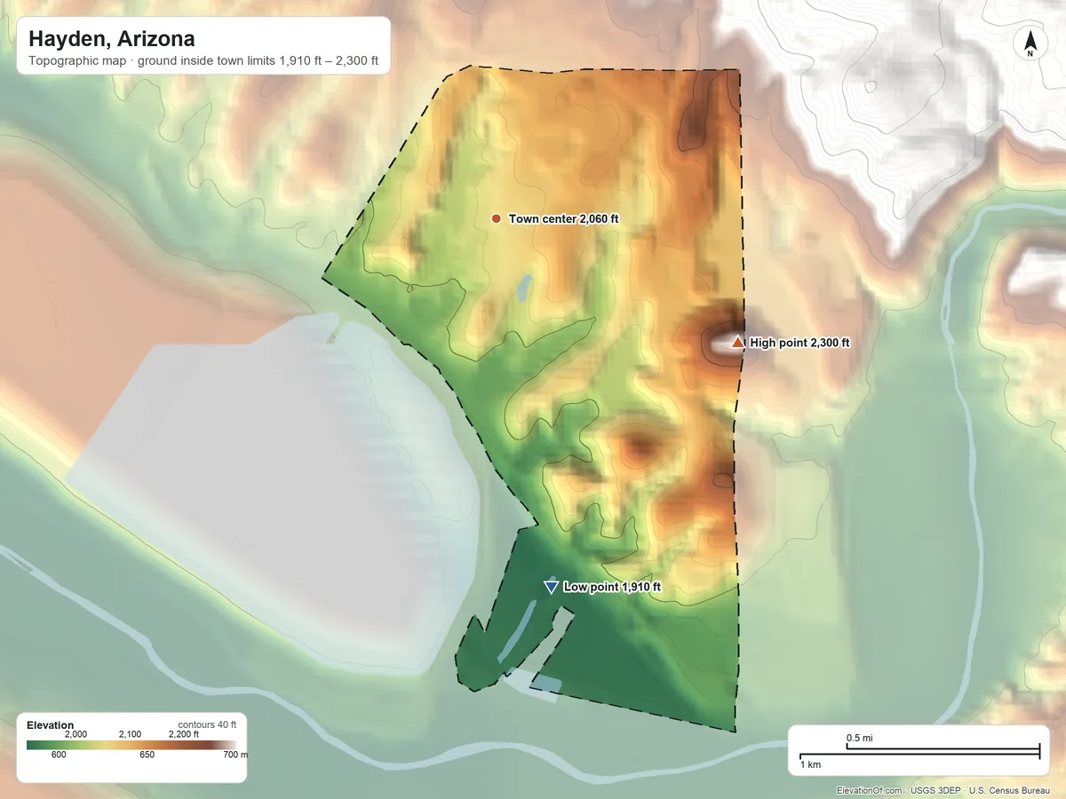 Topographic elevation map of Hayden, Arizona, shaded from 1,910 ft on the south side to 2,300 ft at the foot of the Tortilla Mountains