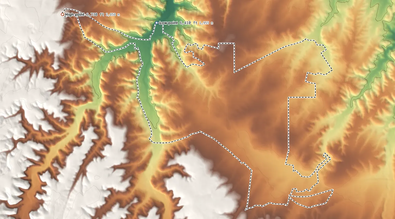 Topographic elevation map of Heber-Overgaard, Arizona, shaded from 6,410 ft on the northwest side to 6,730 ft on the northwest side
