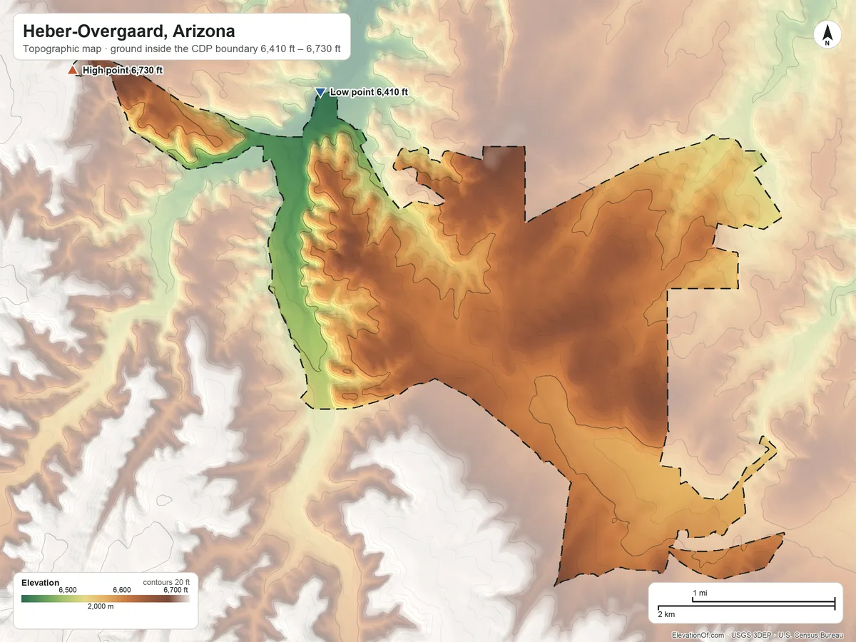 Topographic elevation map of Heber-Overgaard, Arizona, shaded from 6,410 ft on the northwest side to 6,730 ft on the northwest side