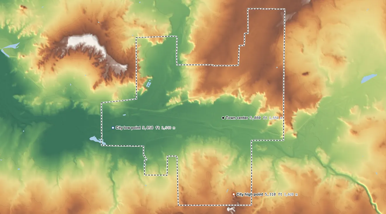 Topographic elevation map of Holbrook, Arizona, shaded from 5,050 ft on the west side to 5,310 ft on the south side