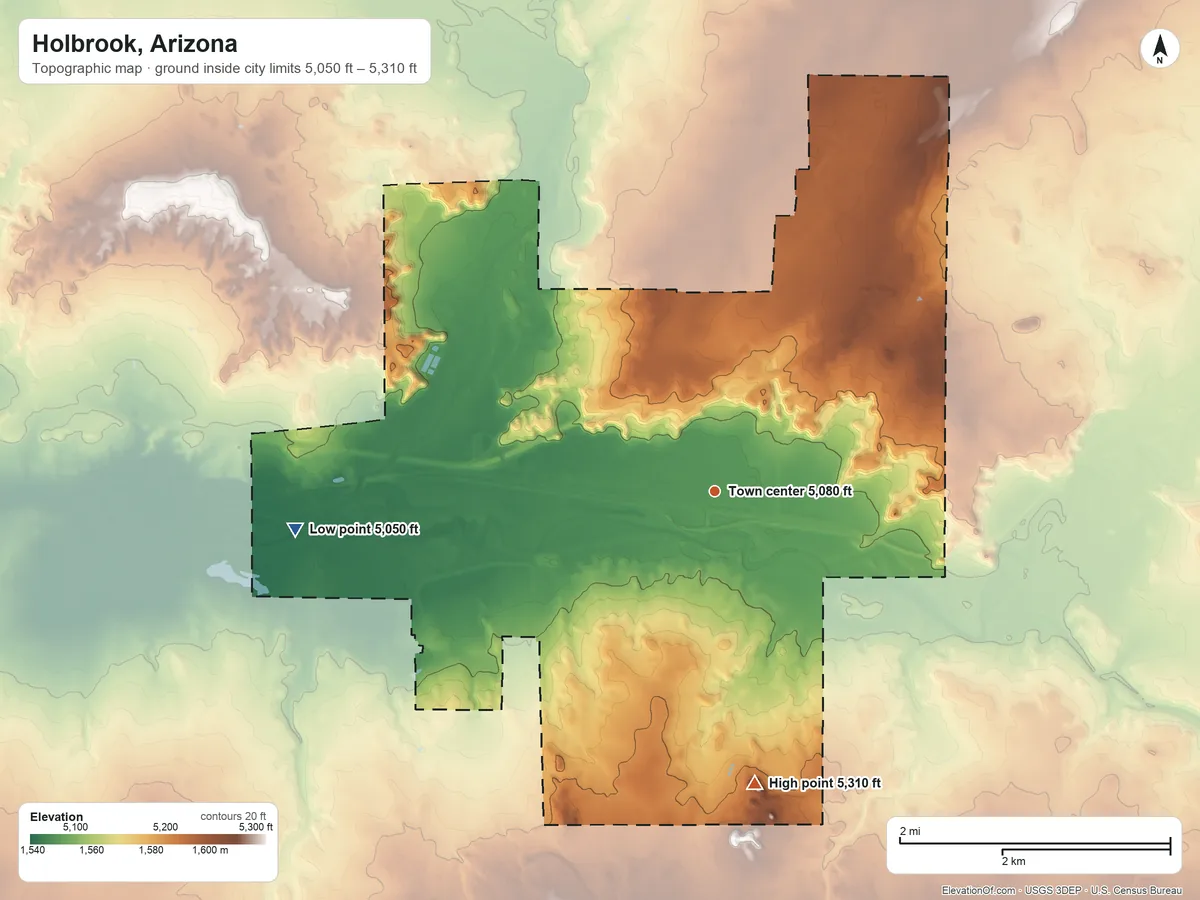 Topographic elevation map of Holbrook, Arizona, shaded from 5,050 ft on the west side to 5,310 ft on the south side