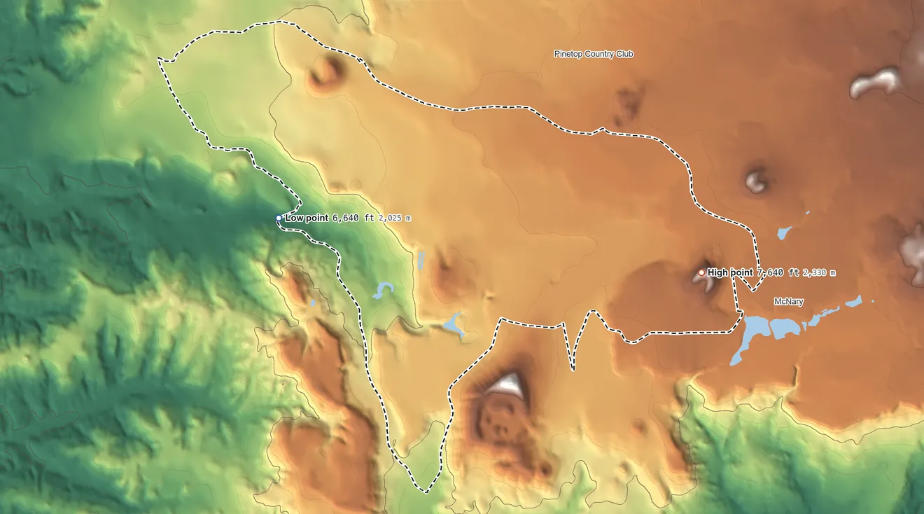 Topographic elevation map of Hondah, Arizona, shaded from 6,640 ft on the west side to 7,639 ft on Kinney Mountain