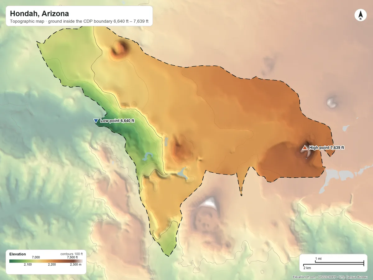 Topographic elevation map of Hondah, Arizona, shaded from 6,640 ft on the west side to 7,639 ft on Kinney Mountain