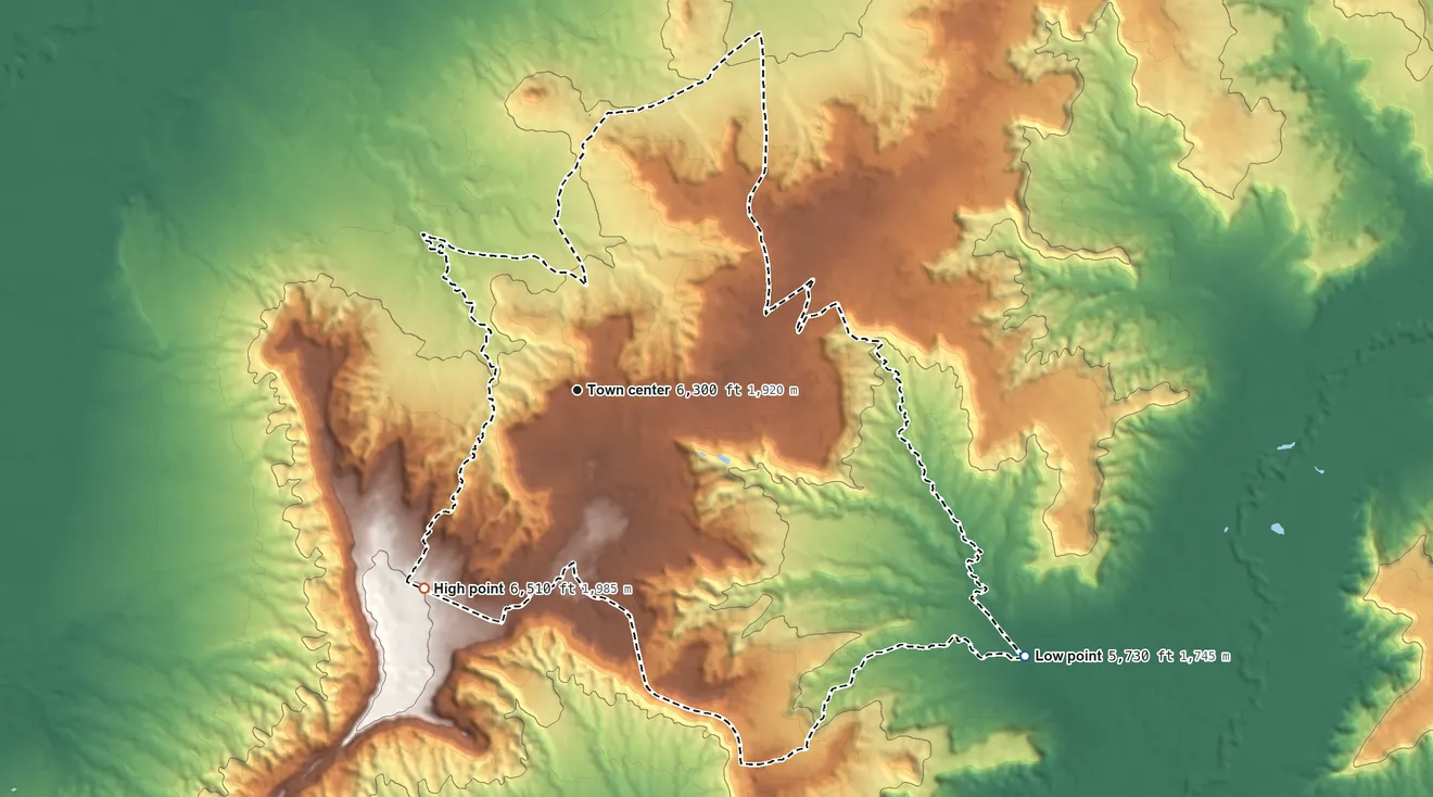Topographic elevation map of Hotevilla-Bacavi, Arizona, shaded from 5,730 ft on the southeast side to 6,510 ft on the southwest side